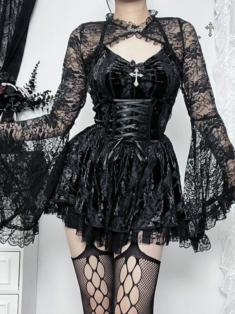 Velvet Halter Sweetheart Lace Up Corset Tiered Lace Trim Mini Dress