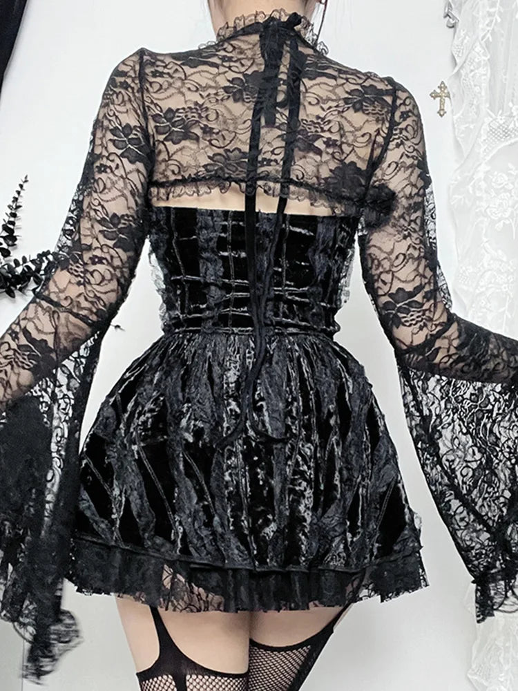 Velvet Halter Sweetheart Lace Up Corset Tiered Lace Trim Mini Dress