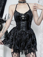 Velvet Halter Sweetheart Lace Up Corset Tiered Lace Trim Mini Dress