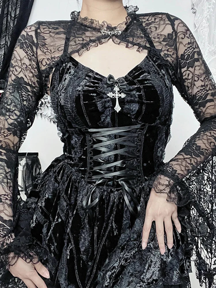 Velvet Halter Sweetheart Lace Up Corset Tiered Lace Trim Mini Dress