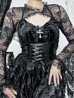Velvet Halter Sweetheart Lace Up Corset Tiered Lace Trim Mini Dress