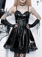 Patent Leather Lace Up Corset Sweetheart Lace Trim Fit and Flare Mini Dress