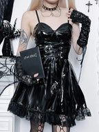 Patent Leather Lace Up Corset Sweetheart Lace Trim Fit and Flare Mini Dress