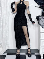 Halter Mandarin Collar Keyhole Damask Jacquard High Slit Maxi Dress