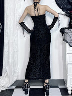 Halter Mandarin Collar Keyhole Damask Jacquard High Slit Maxi Dress