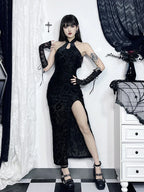 Halter Mandarin Collar Keyhole Damask Jacquard High Slit Maxi Dress