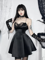 Satin Halter Neck Butterfly Mesh Cut Out Pleated A-Line Mini Dress