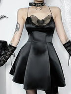 Satin Halter Neck Butterfly Mesh Cut Out Pleated A-Line Mini Dress