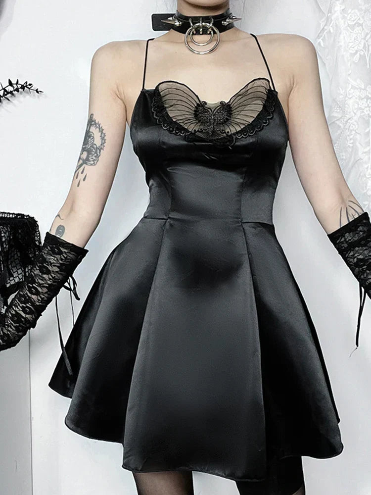 Satin Halter Neck Butterfly Mesh Cut Out Pleated A-Line Mini Dress