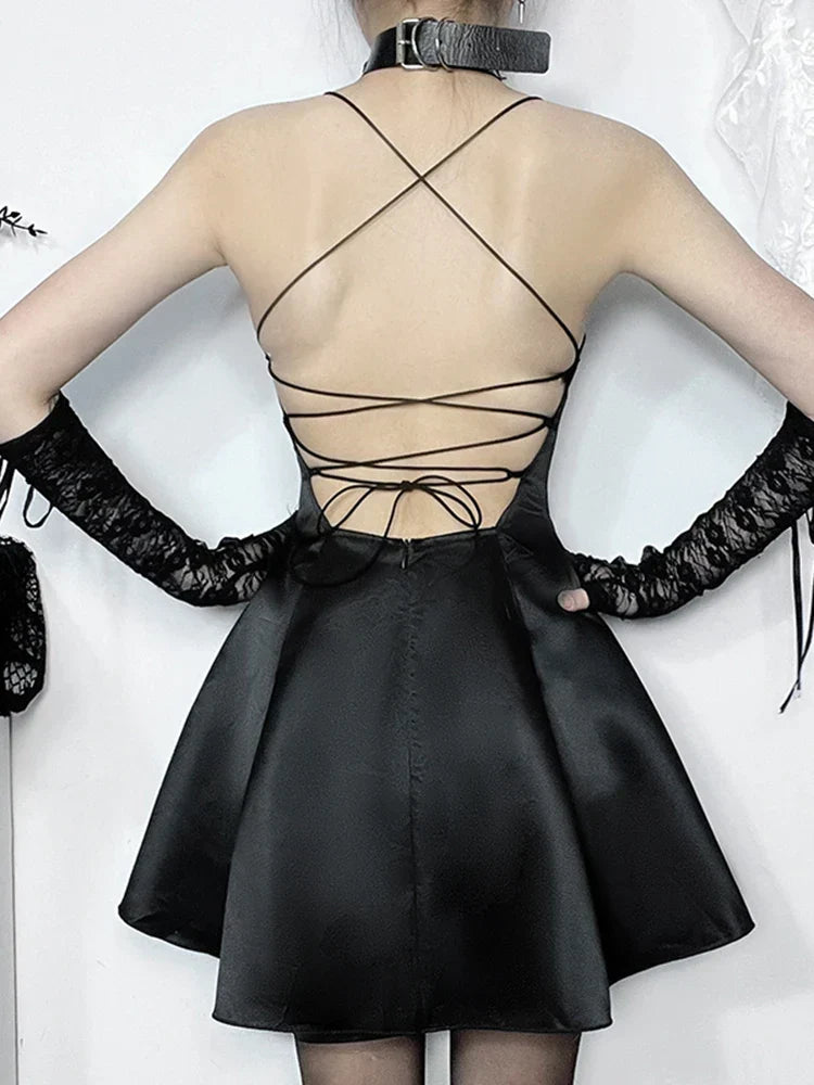 Satin Halter Neck Butterfly Mesh Cut Out Pleated A-Line Mini Dress