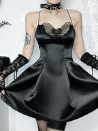 Satin Halter Neck Butterfly Mesh Cut Out Pleated A-Line Mini Dress