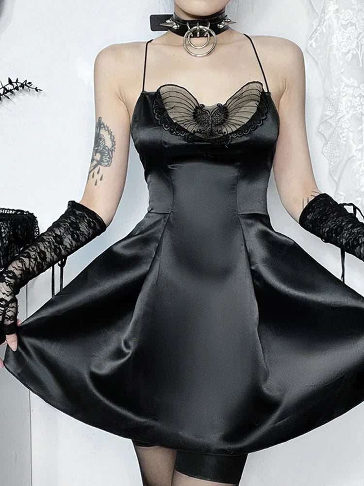 Satin Halter Neck Butterfly Mesh Cut Out Pleated A-Line Mini Dress