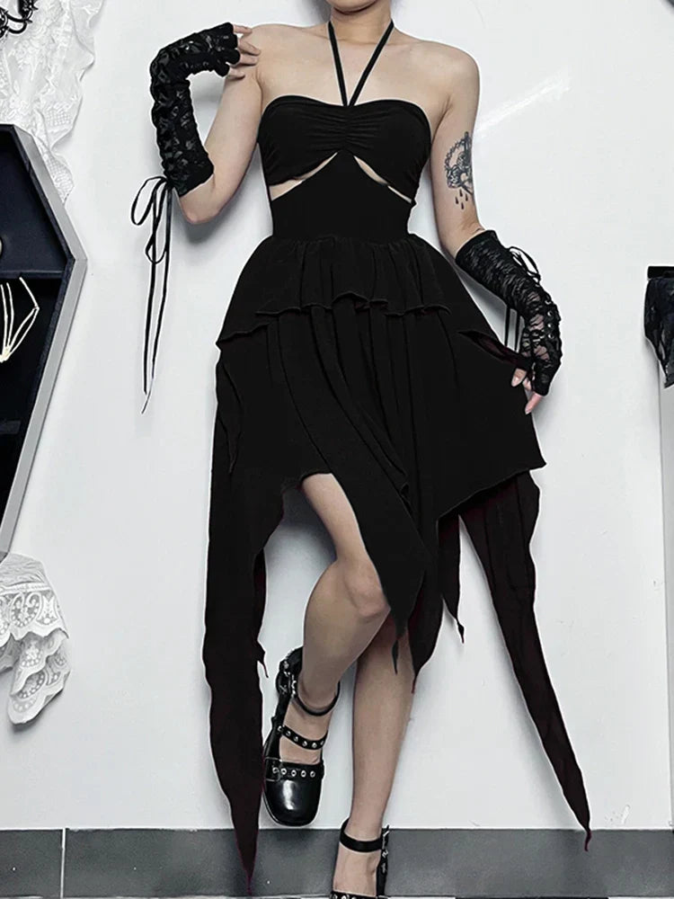 Halter Sweetheart Waist Cutout Tiered Handkerchief Hem Mini Dress