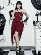 Halter Sweetheart Waist Cutout Tiered Handkerchief Hem Mini Dress