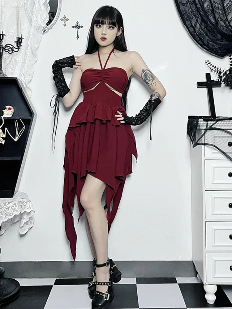 Halter Sweetheart Waist Cutout Tiered Handkerchief Hem Mini Dress