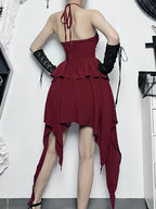 Halter Sweetheart Waist Cutout Tiered Handkerchief Hem Mini Dress