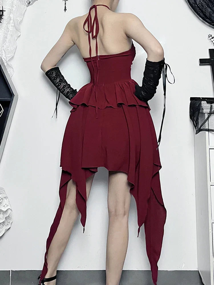 Halter Sweetheart Waist Cutout Tiered Handkerchief Hem Mini Dress