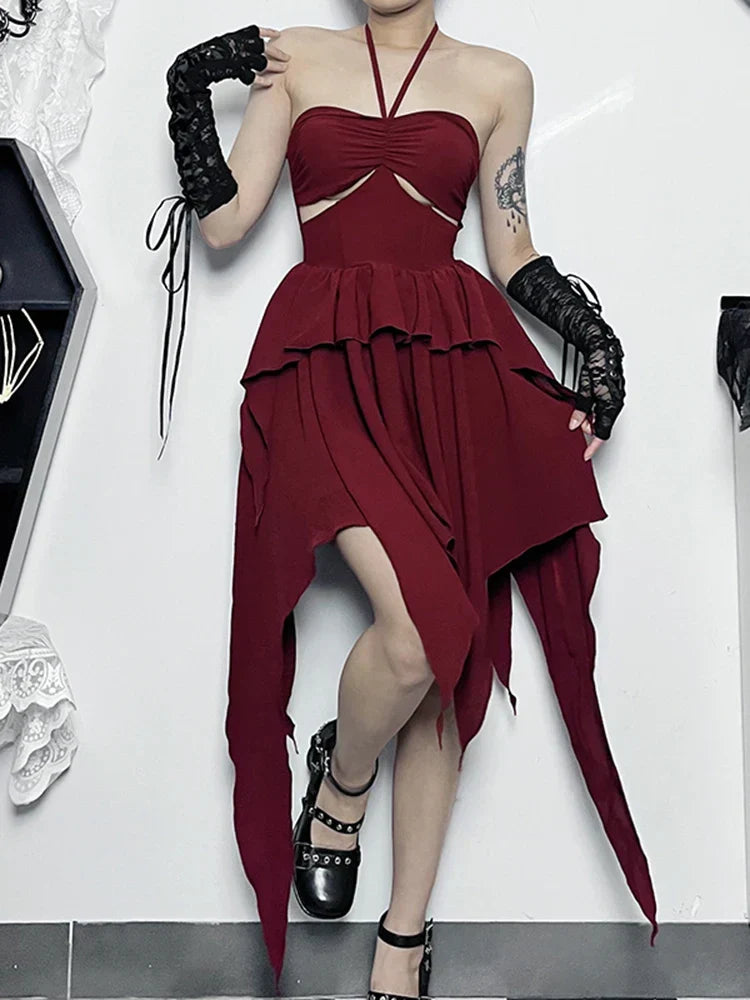 Halter Sweetheart Waist Cutout Tiered Handkerchief Hem Mini Dress