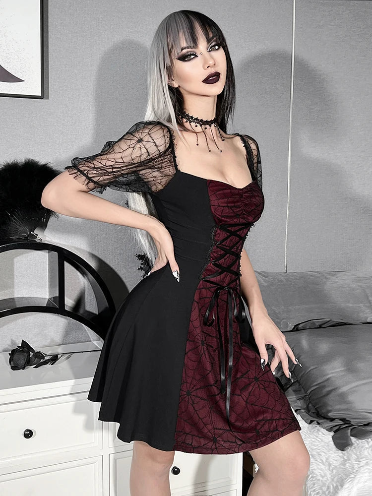 Gothic Lace Up Spiderweb Print Mesh Puff Sleeve Mini Dress