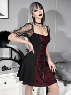 Gothic Lace Up Spiderweb Print Mesh Puff Sleeve Mini Dress