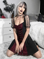 Gothic Lace Up Spiderweb Print Mesh Puff Sleeve Mini Dress