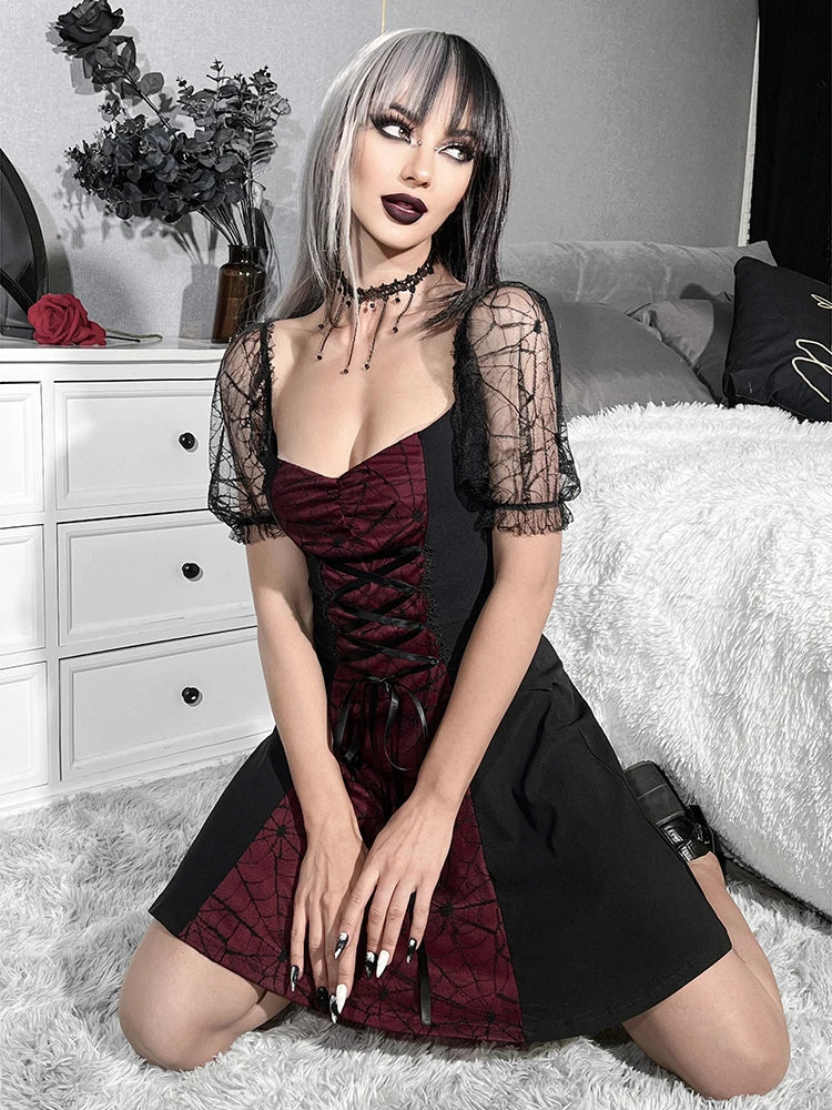 Gothic Lace Up Spiderweb Print Mesh Puff Sleeve Mini Dress