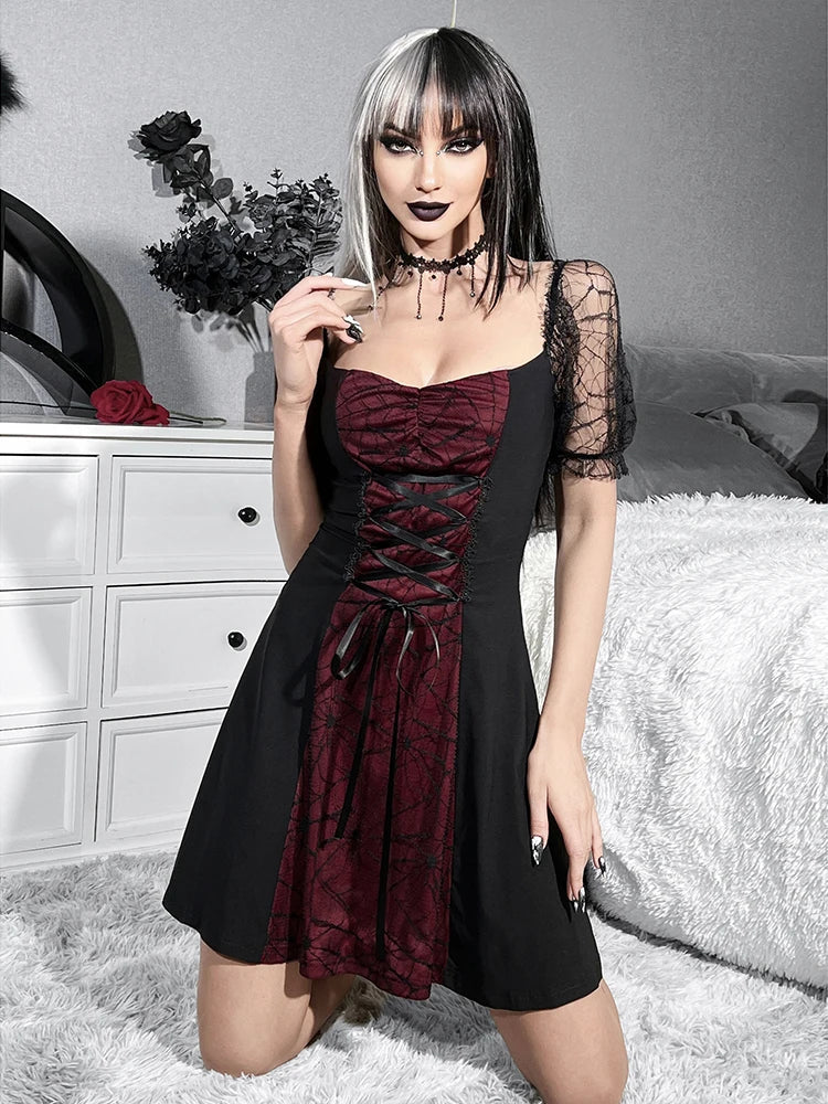 Gothic Lace Up Spiderweb Print Mesh Puff Sleeve Mini Dress