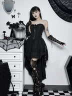 Strapless Lace Trim Corset Ribbon Lace Up High Low Tiered Ruffle Dress