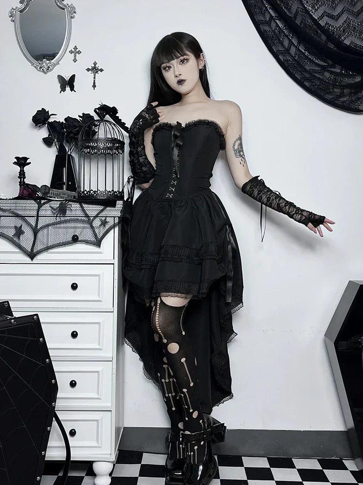 Strapless Corset Hook Front Lace Trim Hi-Low Ruffle Mini Dress