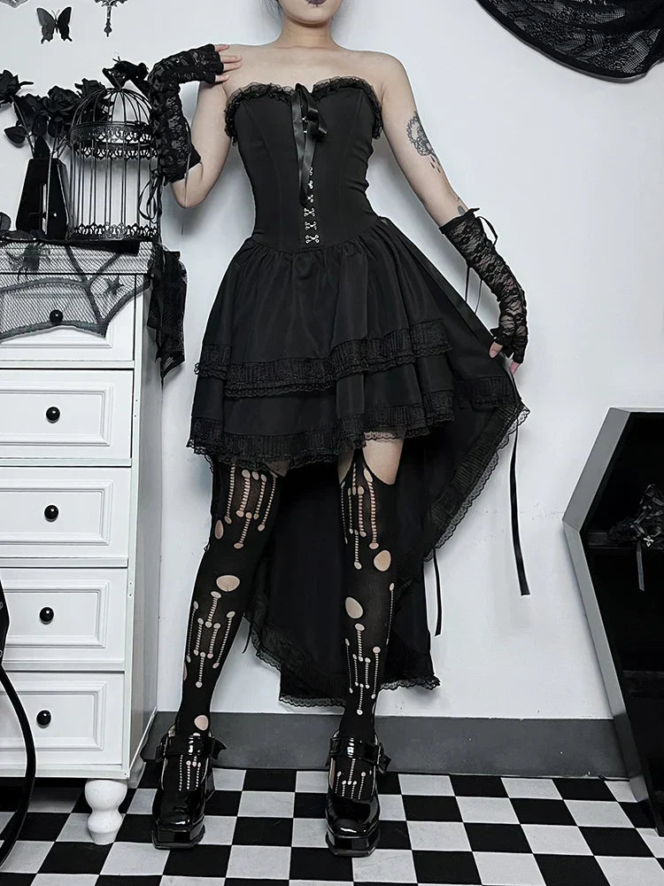 Strapless Corset Hook Front Lace Trim Hi-Low Ruffle Mini Dress