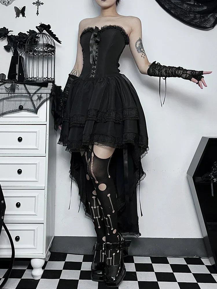 Strapless Corset Hook Front Lace Trim Hi-Low Ruffle Mini Dress