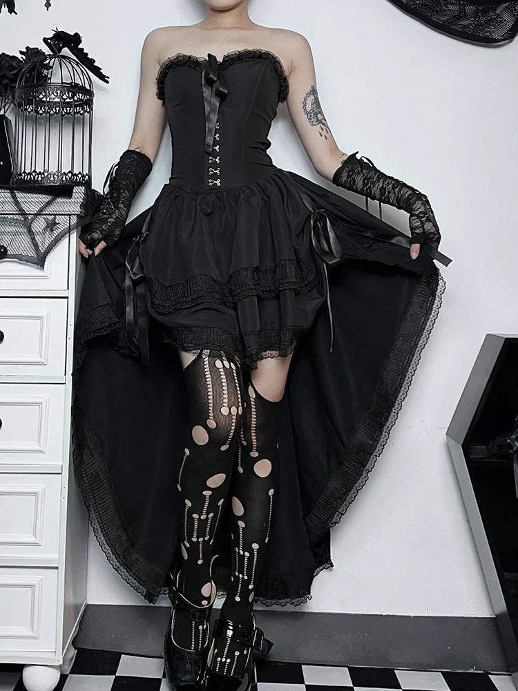Strapless Corset Hook Front Lace Trim Hi-Low Ruffle Mini Dress