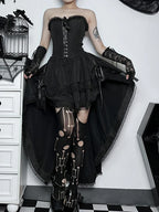 Strapless Corset Hook Front Lace Trim Hi-Low Ruffle Mini Dress