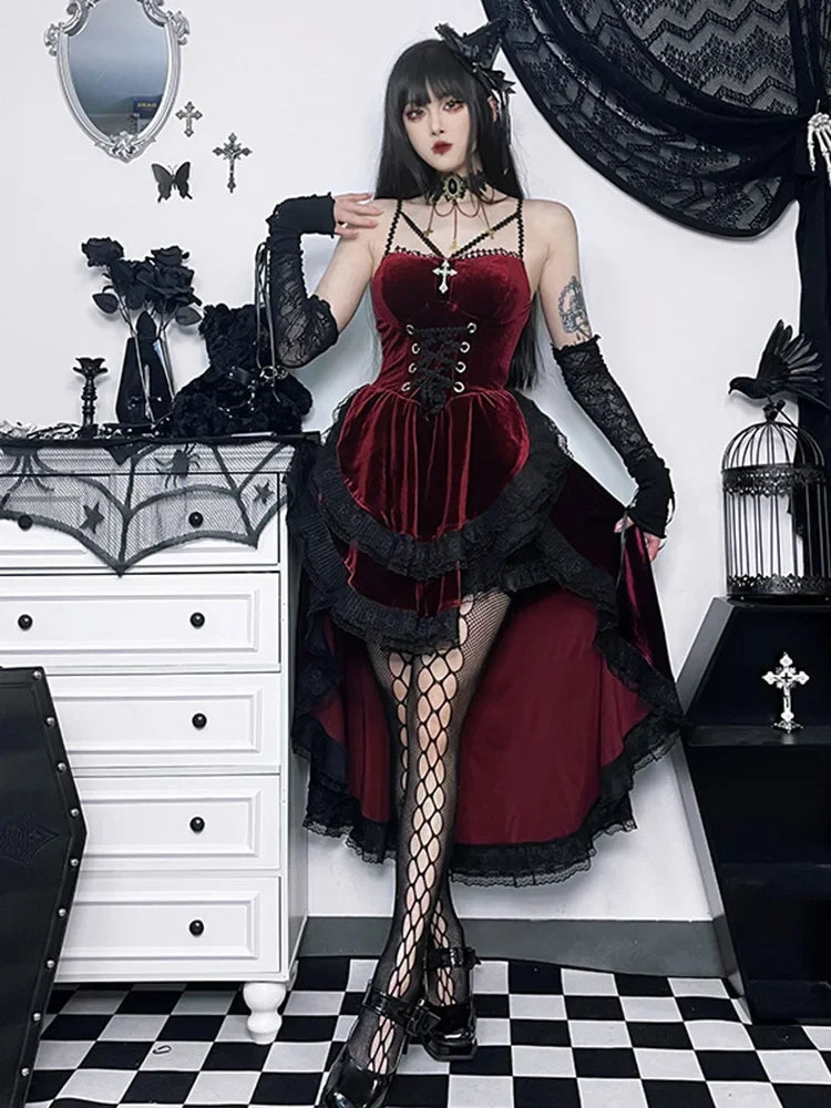 Velvet Lace Up Corset Bodice Lace Trim Tiered High Low Ruffle Mini Dress