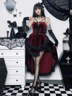 Velvet Lace Up Corset Bodice Lace Trim Tiered High Low Ruffle Mini Dress