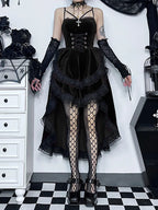 Velvet Lace Up Corset Bodice Lace Trim Tiered High Low Ruffle Mini Dress