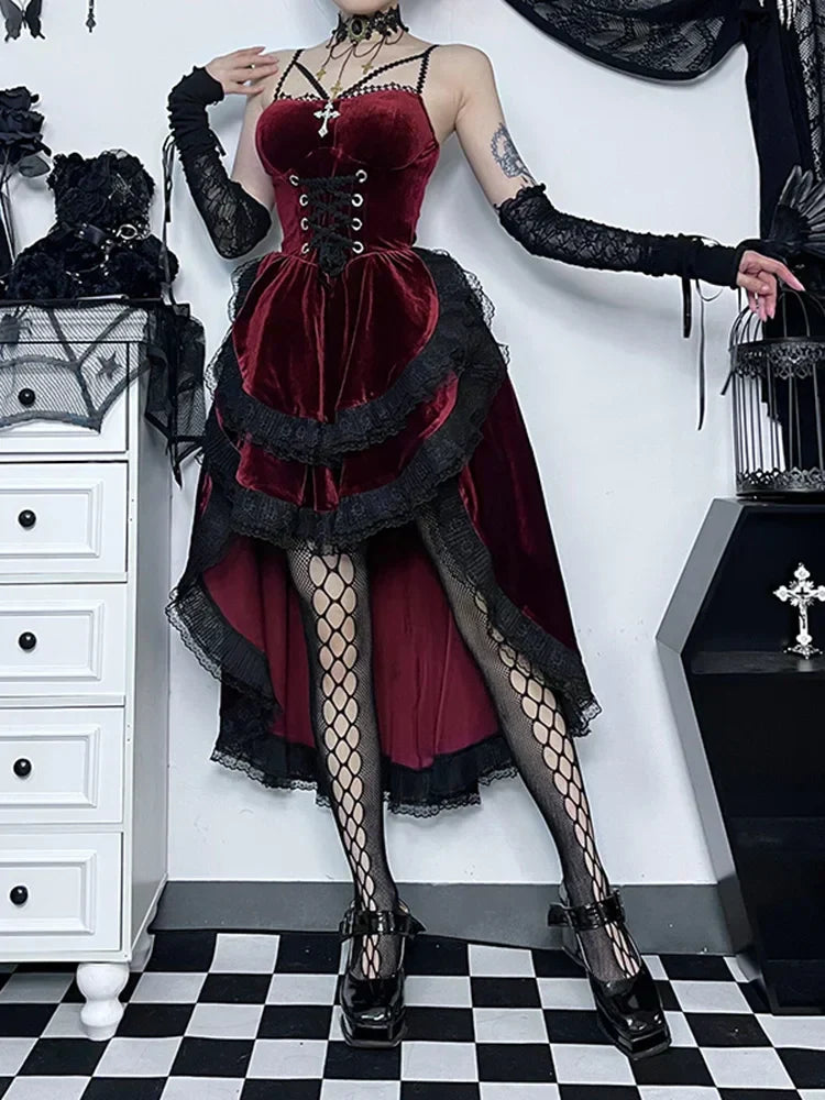 Velvet Lace Up Corset Bodice Lace Trim Tiered High Low Ruffle Mini Dress