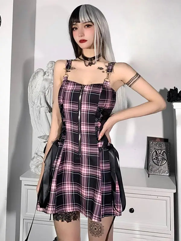 Plaid Zip Front Strap Lace Up Side Panel A-Line Mini Dress