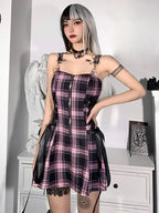 Plaid Zip Front Strap Lace Up Side Panel A-Line Mini Dress