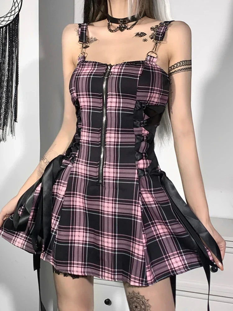 Plaid Zip Front Strap Lace Up Side Panel A-Line Mini Dress