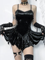 Crushed Velvet Lace Up Side Cut Out Ruffled Hem Mini Dress