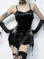 Crushed Velvet Lace Up Side Cut Out Ruffled Hem Mini Dress