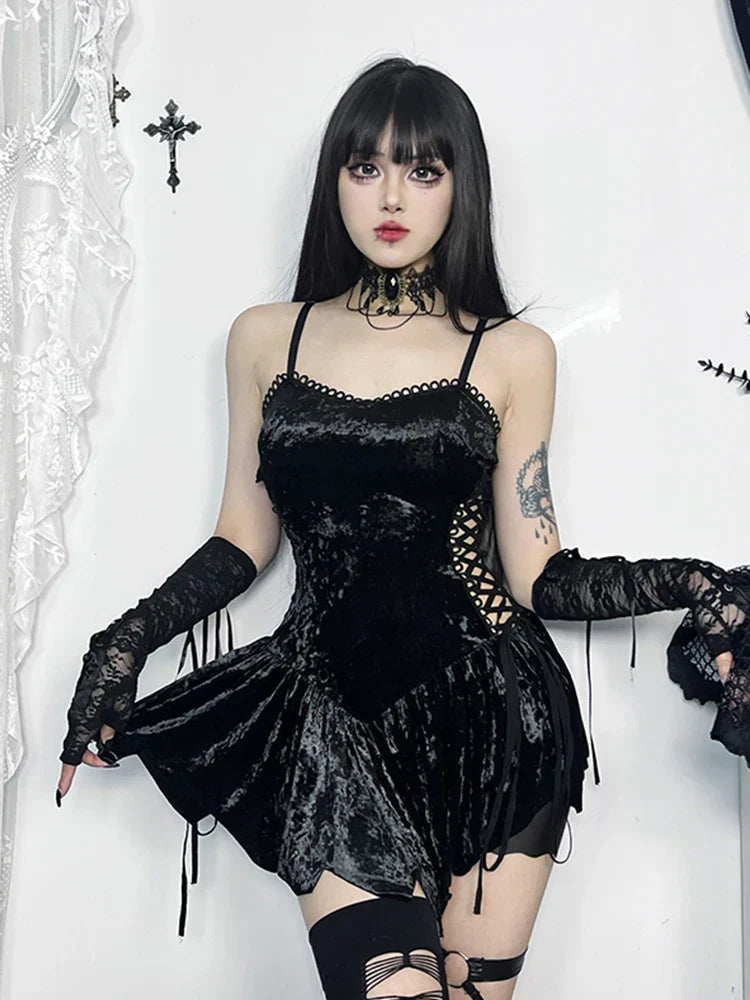 Crushed Velvet Lace Up Side Cut Out Ruffled Hem Mini Dress