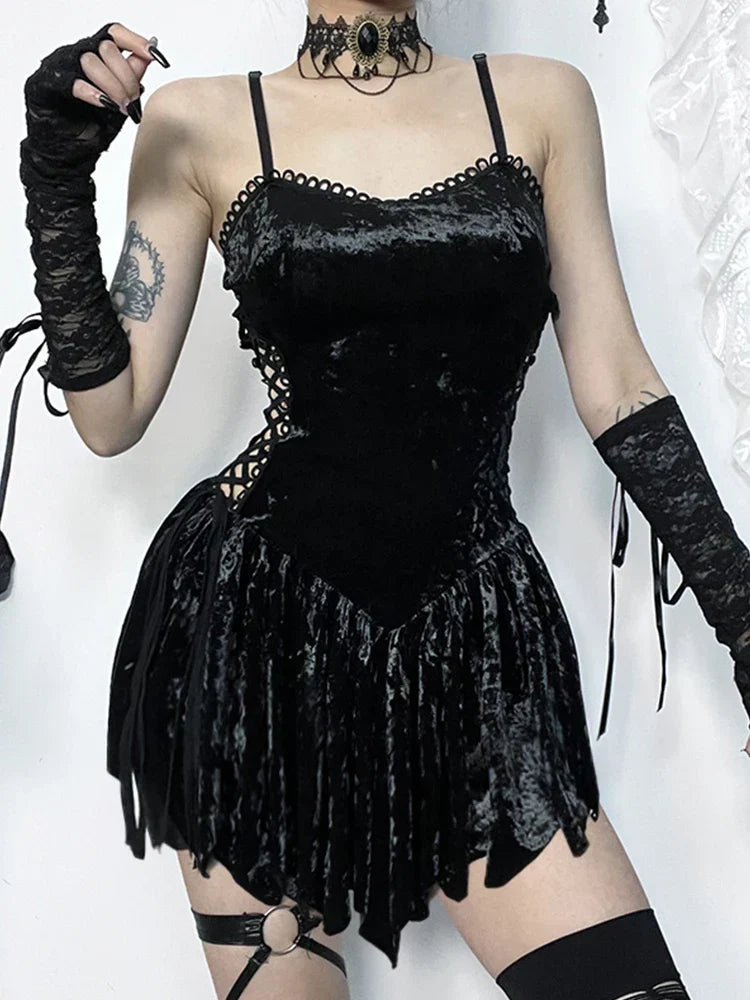 Crushed Velvet Lace Up Side Cut Out Ruffled Hem Mini Dress