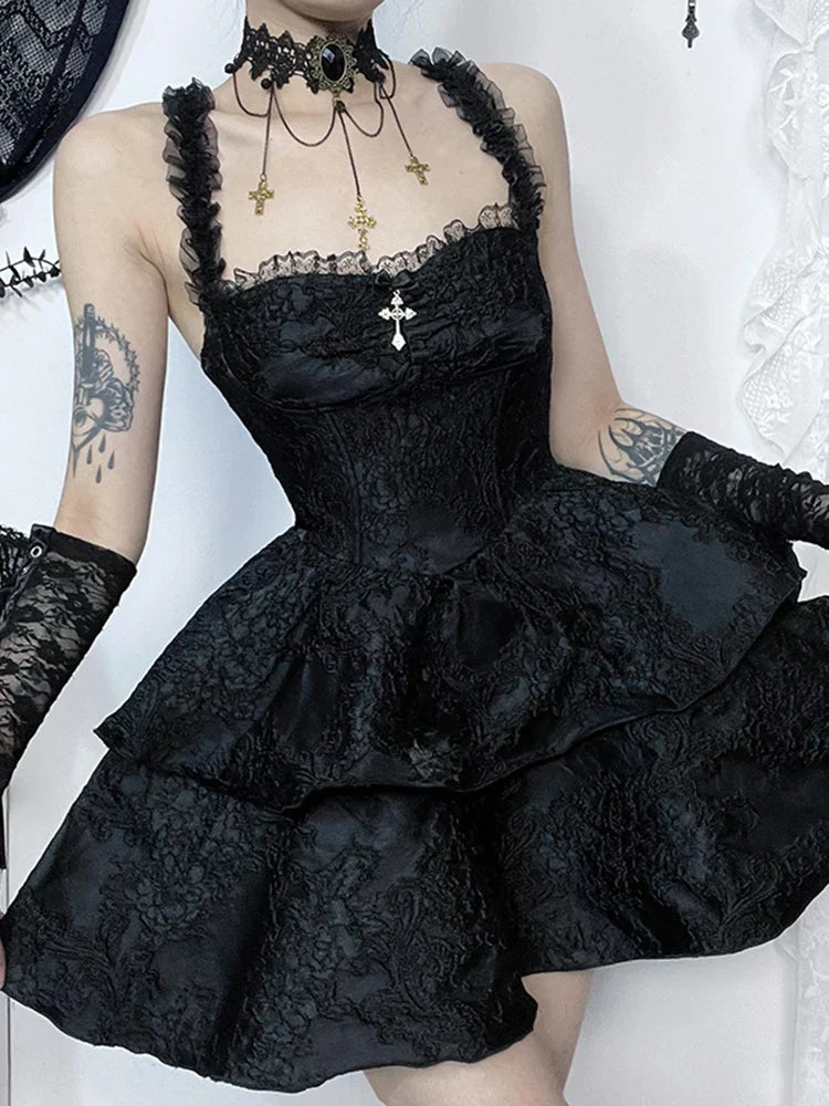 Jacquard Lace Corset Strap Tiered Ruffle Mini Dress