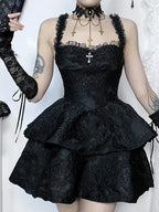 Jacquard Lace Corset Strap Tiered Ruffle Mini Dress
