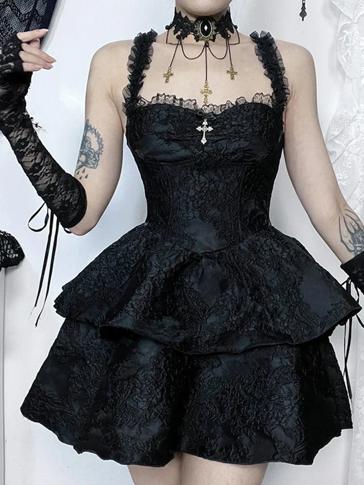 Jacquard Lace Corset Strap Tiered Ruffle Mini Dress