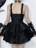 Jacquard Lace Corset Strap Tiered Ruffle Mini Dress