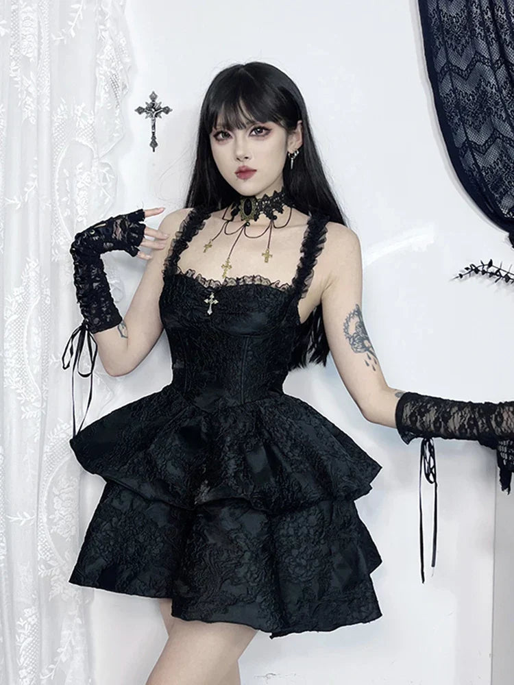 Jacquard Lace Corset Strap Tiered Ruffle Mini Dress