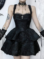 Jacquard Lace Corset Strap Tiered Ruffle Mini Dress